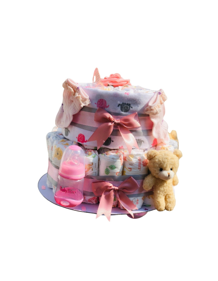Blush Bear 2 Tier Nappy Cake