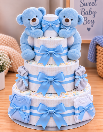 Twin Teddy Boys Nappy Cake
