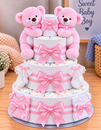 Twin Teddy Girls Nappy Cake