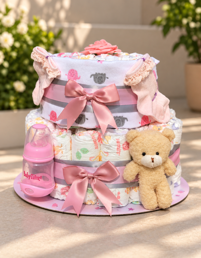 Blush Bear 2 Tier Nappy Cake
