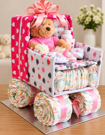Pink Baby Stroller Nappy Cake