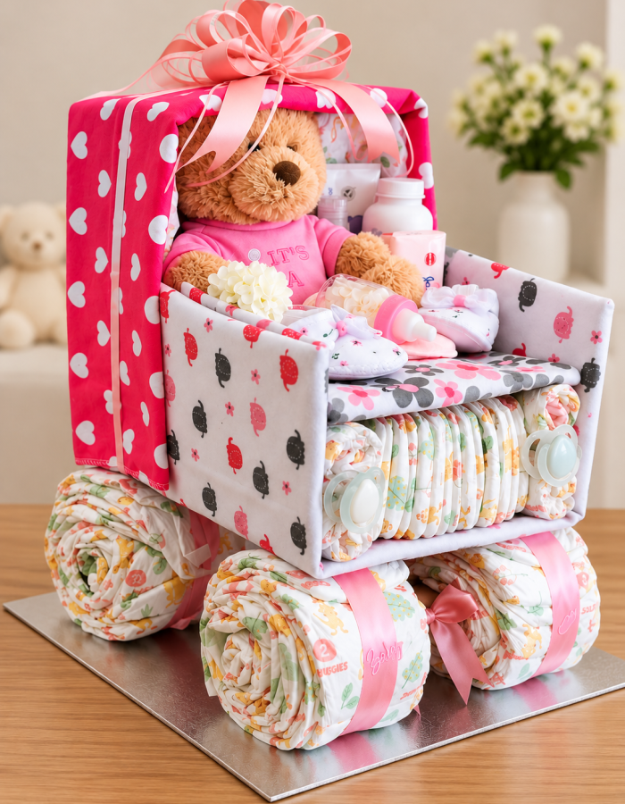 Pink Baby Stroller Nappy Cake